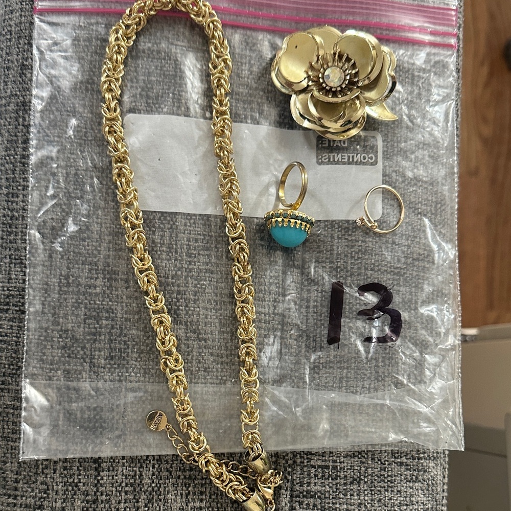 Gold-Tone Necklace and Turquoise Accent Ring Bag #13. Bundle for better pricing